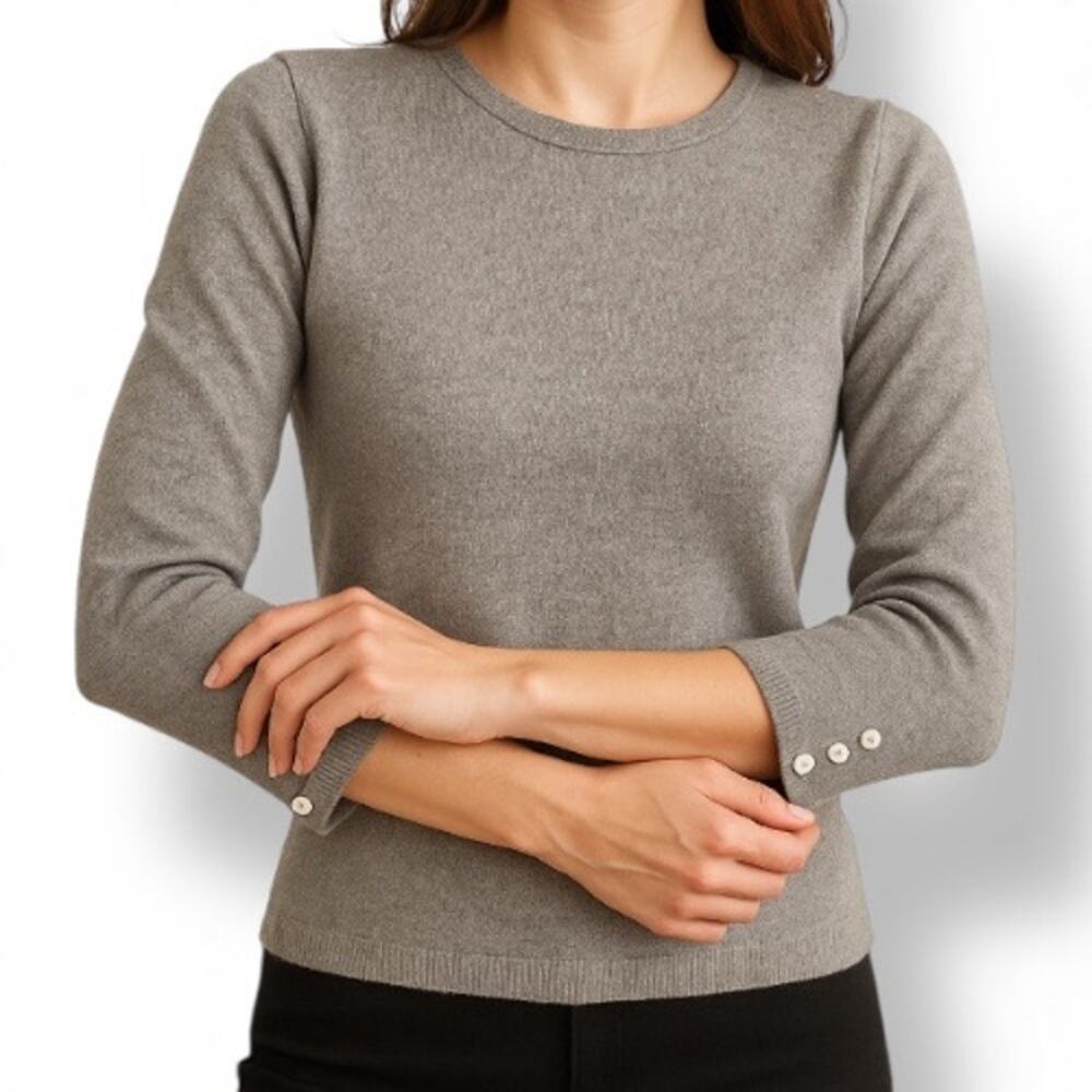 100% silk Gray Taupe Crewneck Sweater with Button Cuffs